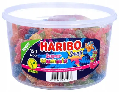 Zdjęcie produktu dla Haribo Super Wummis kwaśne wegańskie 150 szt. DS Żelki owocowe w kształcie robaków
