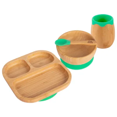 Produktbild von 4pc Grün Geteilt Bambus Suction Baby-Fütterungsset - Kleinkind Entwöhnung Silikon Bleiben Sie Dran Essen Schale Teller Löffel Tasse Komplettes Starter-Kit - Von Tiny Dining