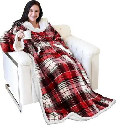 Produktbild von Famanu TV-Decke mit Ärmeln und Taschen - Doppelseitig, Microplüsch-Fleece, Warm, Unisex
