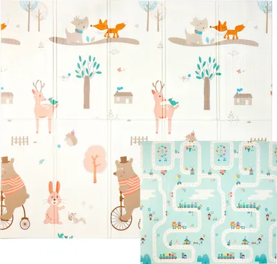 Produktbild von CCLIFE Baby Spielmatte Krabbelmatte 196x176x1cm, Schadstofffrei, Faltbar & Rutschfest , Kleiner Bär Tiere & Traumstadt