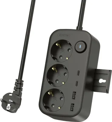 Produktbild von NEXTBATT Steckdosenleiste mit 3 Steckdosen, 230 V, 2 USB-A-Anschlüssen, 2 USB-C-Anschlüssen, 150 cm.