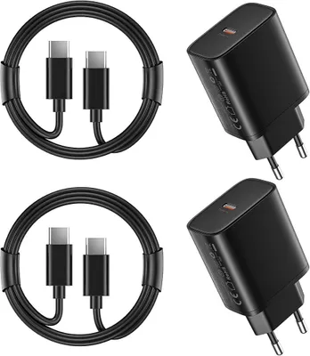 Image de 2 Chargeur Rapide 25W + 2 Câble USB-C 1M pour Samsung Galaxy S26/S26+/S26 Ultra/S25 Ultra/S25 FE - Noir