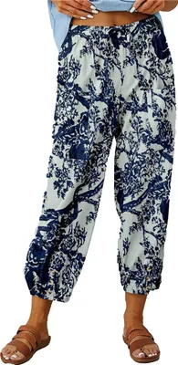 Image de ASKSA Femmes 7/8 Imprimer Pantalon long en lin Pantalon d'été Jambes larges Pantalons de loisirs Léger Pantalon en tissu lâche, Blanc, XL