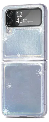A flip phone case with a glittery, iridescent finish.
