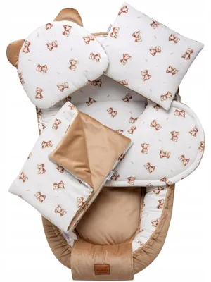 Obrázek produktu pro Jukki hnízdečko pro miminko 5dílná sada Comfort 100x55 cm s matrací, dekou a polštářem – Baby Bear Muslin & Toffee Soft Velvet