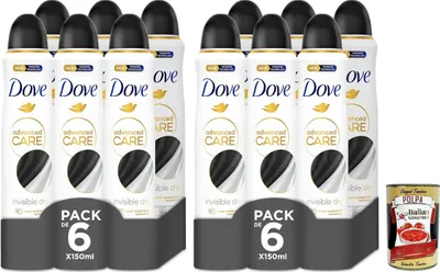 Produktbild von Dove deo Advanced Care Deodorant original Invisible Dry, deo Mit feuchtigkeitsspendenden und empfindlichen Formel,ohne Alkohol, 72 Stunden, 12x 150 ml + Italian Gourmet polpa 400g