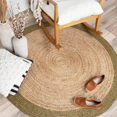 Produktbild von Volero - Jute Teppich Rund - Fair Natur Grün - Ø 100 cm - Wohnzimmer, Esszimmer, Schlafzimmer - Boho, Ländlich, Modern