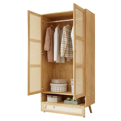 Productafbeelding van Kledingkast met stang, kledingkast met 2 deuren, slaapkamer, rieten mand, woonkamer, met een flip-top deksel aan de onderkant, gemaakt van spaanplaat en PE-riet, natuurlijke uitstraling