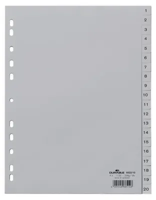 Image de DURABLE Index A4 20 part. 1-20 onglets imprimés PP, Gris, 652210