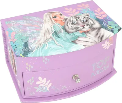 Imagen del producto de TOPModel, caja de joyería con forma de tigre fantástico, color púrpura, con motivos de hadas. Caja de joyería con espejo y tapa abatible