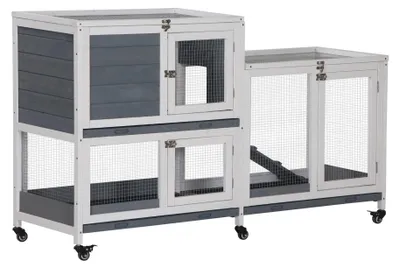 Produktbild von PawHut Kleintierstall Kleintierkäfig Zwergkaninchenstall mit 6 Rädern Grau+Weiß