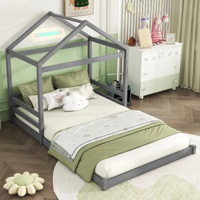Produktbild von okwish Kinderbett Bodenbett in Hausform 140×200 cm mit Lattenrost, Holzbett Jugendbett für Jungen und Mädchen(Ohne Matratze), Grau