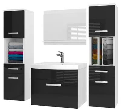 Immagine prodotto di Set di mobili da bagno BELINI PRI P6 120 cm nero lucido - Mobile da bagno moderno con lavabo e specchio, completamente accessoriato, montaggio a parete