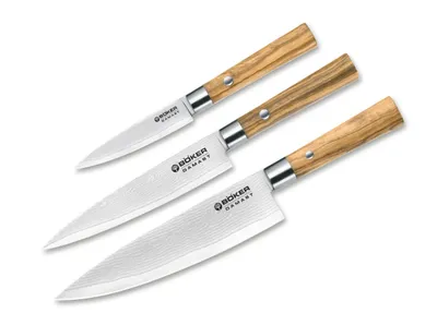 Produktbild von Böker Damast Olive Messerset Trio inkl.Geschirrtuch