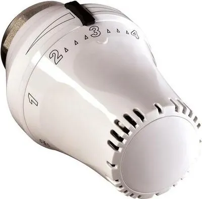A white thermostat head with markings for temperature settings.
