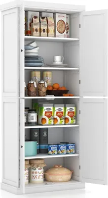 Produktbild von GOPLUS Hochschrank, Küchenschrank mit 4 Türen & 6 verstellbaren Regalen, Vorratsschrank, Buffetschrank, Badezimmerschrank, Aufbewahrungsschrank für Badezimmer, Küche, Wohnzimmer, Weiß