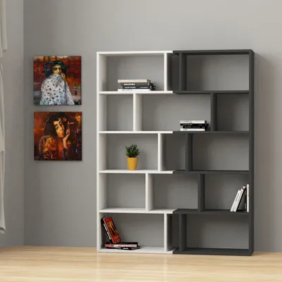 Produktbild von DECORTIE Tapi Modernes Bücherregal Display Unit Raumteiler 2er Set Weiß+Anthrazit 30 x 124 x 159 cm
