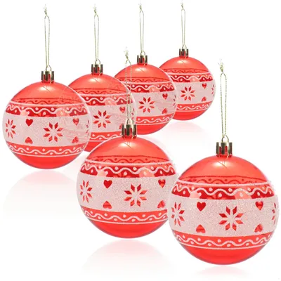6 Kunststoff-Weihnachtsbaumkugeln, 8 cm Ø, bruchsicher, rot/transparent