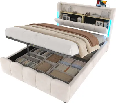 Produktbild von Polsterbett mit LED-Beleuchtung, USB/Type-C Anschlüsse und Stauraum, 140x200cm, Doppelbett, Stauraumbett, Samt