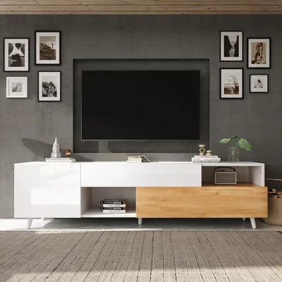 Obrázok produktu pre TV komoda s dvierkami a zásuvkou, vysoký lesk, biela/prírodná, 180x38x50 cm