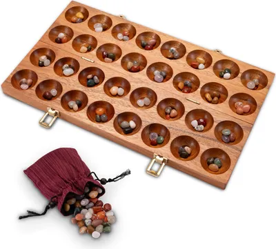 Produktbild von Hus Spiel mit Metallverschlüssen Gold – für 2 Spieler – Bao – Kalaha – mit Edelsteinen - ohne Stoffbeutel