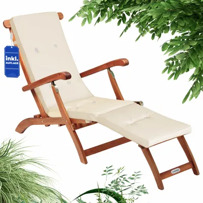 Produktbild von CASARIA® Sonnenliege Klappbar Holz Auflage Creme 160kg Belastbar Wetterfest Akazie Rückenlehne Verstellbar FSC®-zertifiziert Balkon Garten Liege 169x54cm