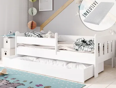 Produktbild von Kinderbett 80x160 | 80x180 | 90x200 cm mit Matratze, Schublade, Rausfallschutz & Lattenrost in weiß 200 x 90 Mädchen Jungen Bett