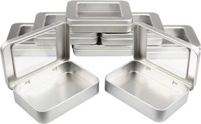 Obrázok produktu pre Sada 8 obdĺžnikových kovových dóz s vekom na pántoch a priehľadným okienkom, malé úložné boxy, 10 x 7 x 2 cm, strieborná farba, prázdne