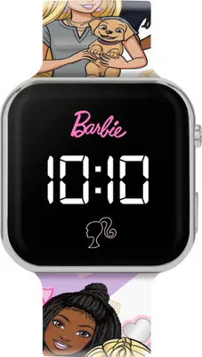 A close-up of a Barbie-themed digital watch with the time displayed as 10:10.