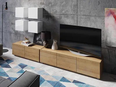 Produktbild von Wohnwand CALABRINI-18 Wohnzimmer-Set Hängewohnwand Schrankwand Schrank TV-Schrank Moderne Anbauwand Hochglanz (Weiß / Goldene Eiche)