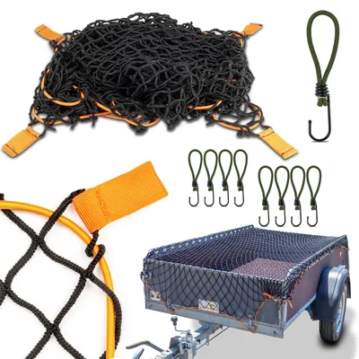 Obrázok produktu pre Elastická sieť na prívesné vozíky, rozmer 1x2 až 2x3 metre - čierna, s gumovým lankom, 8 háčikov a značkami pre rohy