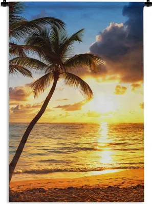 Produktbild von MuchoWow® Wandteppich Wandbehang Strand - Horizont - Sonnenuntergang - Palme - Meer 120x180 cm Tapisserie Dekoration Wandtuch - Schlafzimmer - Dekorationen für das Haus