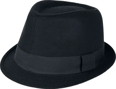 A black fedora hat with a black band and a narrow brim is shown against a white background.