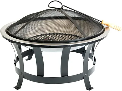 Produktbild von Defactoshop Feuerschale Edelstahl Ø 75 cm, H 45 cm, inkl. Funkenfluggitter, Schürhaken, Feuerrost, robustes Stahlgestell, korrosionsgeschützt, Grillschale, Gartenfeuer, BBQ, innovatives Design