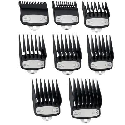 Produktbild von Kämme für Aufsteckbürsten, kompatibel mit Wahl-Haarschneidemaschinen mit Metallclip, 8 Schnittlängen 1,5-3-4,5-6-10-13-19-25 mm Phonillico®
