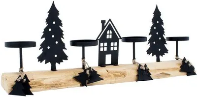 Zdjęcie produktu dla Uniqoos® Rustykalny świecznik adwentowy z drewna i metalu, z motywami sylwetek drzew i domów, o wymiarach 41 x 15 x 6 cm, przeznaczony do świec typu "stump" i świec kulistych o średnicy do 4,5 cm