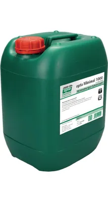 A green plastic jerrycan with a red cap, placed on a white background.