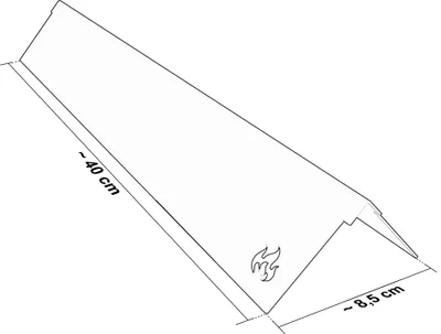 A line drawing of a metal grill component with dimensions indicated.