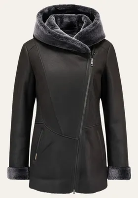 Produktbild von Lammfelljacke mit Kapuze und Ledereinsätzen - natürlich warm & stilvoll - Größe: XXL | Farbe: Dunkelgrau