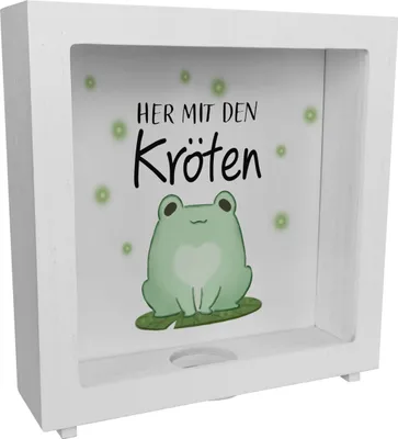 Produktbild von Frosch Rahmen Spardose aus Holz mit Spruch Her mit den Kröten