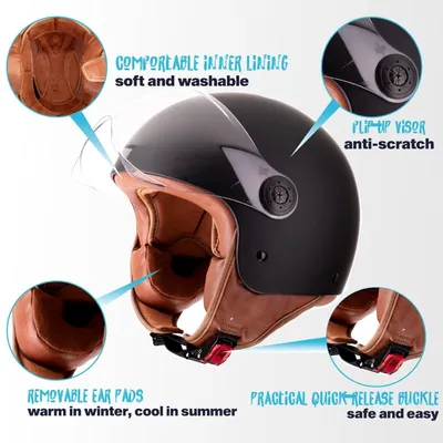 Obrázek produktu pro Přilba s vizírem, matná černá barva, velikosti XS-XXL, vhodná pro moped