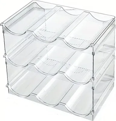 A clear plastic bottle rack with multiple tiers and compartments.