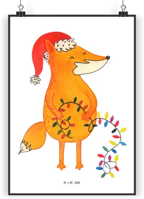 Produktbild von Mr. & Mrs. Panda Bild Fuchs Weihnachten DIN A3 - Weiß - Geschenk, Posterdruck, Plakat, Weihnachtsmann, drucke, Heiligabend, Winter, wanddeko, Nikolaus, Wandbild