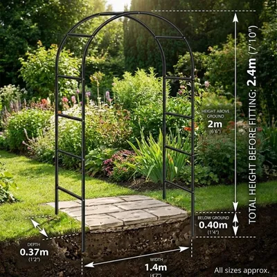 Produktbild von Dekorativer Gartenbogen - 2,4 m - Schwarzes Metall - Rankgitter für Kletterpflanzen - Für Gartenweg, Hinterhof und Hochzeit