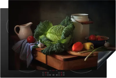 Produktbild von KitchenYeah© Herdabdeckplatte Stilleben - Gemüse - Farben , 81x52cm, Küche Deko, Glaskeramikkochfeld Herdabdeckung, Abdeckplatte fùr Kochfeld
