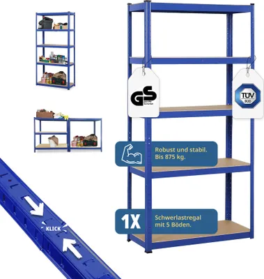 A blue metal shelving unit with wooden shelves, shown with product certifications and feature callouts.