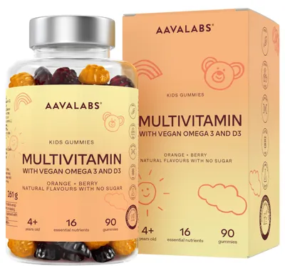 Produktbild von Vitamin-Fruchtgummis für Kinder, Multivitamin Omega 3 D3, zuckerfrei, Aavalabs, 90 Stück