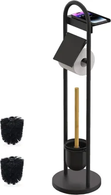 Produktbild von Toilettenaccessoire mit Ablage und Bürstenhalter - Schwarz-natürlich - 79x21,5x21,5 cm - Metall und Bambus