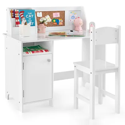 Produktbild von COSTWAY Kinderschreibtisch Set, Schreibtisch Kinder mit Stuhl aus Holz, Schülerschreibtisch mit Bücherregal, Schrank & Pinnwand für Kinder ab 3+, Weiß