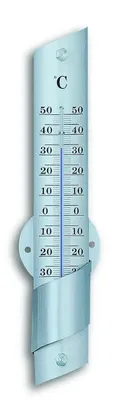 A silver thermometer displaying degrees Celsius.